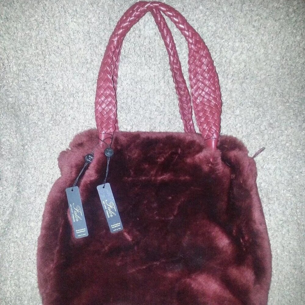 Large FALOR-FALORNI Shearling Tote-Genuine Leather With Lamb Fur. Burgundy. NWT